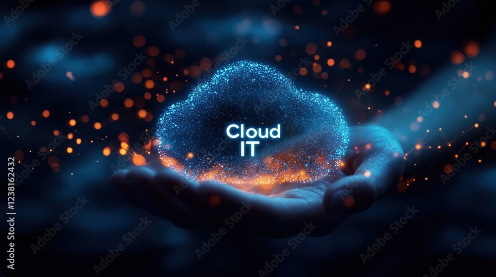 Aufkleber hand holding a glowing cloud representing it solutions and digital technology with sparkling particl
