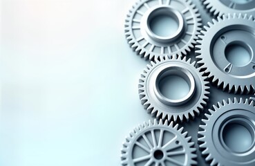 Close-up view of metallic gears. Silver cogs meshing together. Intricate design shows precision engineering. Modern technology concept. Futuristic mechanical parts. Shiny metal surfaces. 3D
