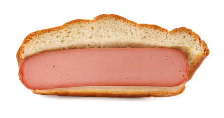 A sausage in dough cut lengthwise isolated on a white background.