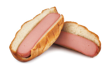 A sausage in dough cut lengthwise isolated on a white background.