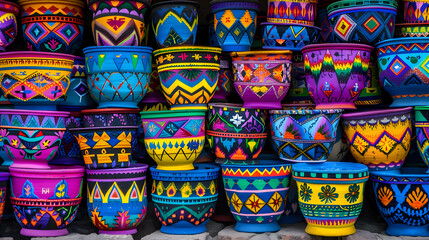Fototapeta premium A vibrant display of colorful, hand-painted pots arranged in a decorative manner.