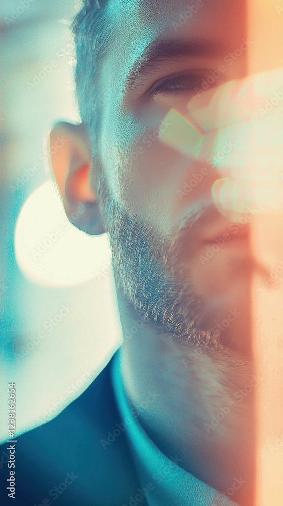 Poster introspective portrait of a man in soft light abstract background