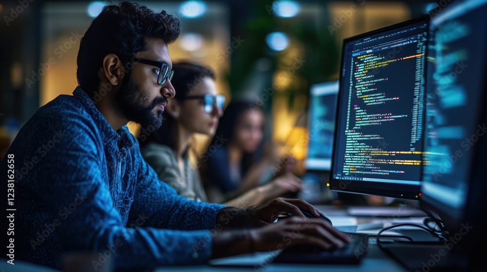 Poster focused software engineer coding at desk with dual monitors, team collaborating in tech environment,