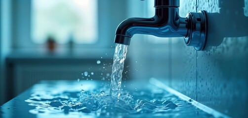 Closeup view of water flowing from tap in bathroom. Water splashing, creating ripples on countertop. Concept of water saving at home. Issues with water supply. Tap chrome steel. Suggests domestic use.