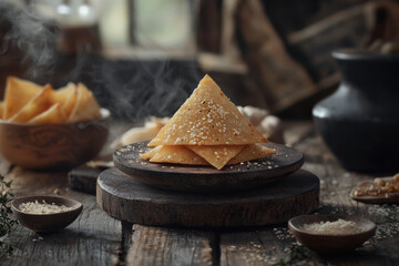 Sesame-sprinkled crispy pastries on rustic wooden board.