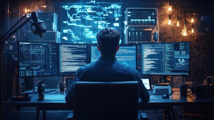 Concentrated Programmer Analyzing Complex Data Scrutiny in High-Tech Workspace Surrounded by Multiple Monitors and Futuristic Displays