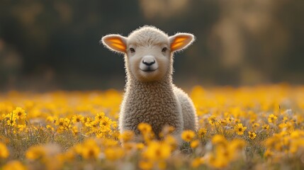 Little sheep among flowers. Little curly lamb in nature.