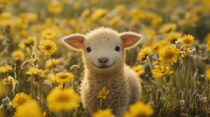 Little sheep among flowers. Little curly lamb in nature.