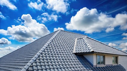 Fototapeta premium A grey roof with blue shingle roofing tiles set against a clear blue sky with fluffy white clouds, building facade, blue sky