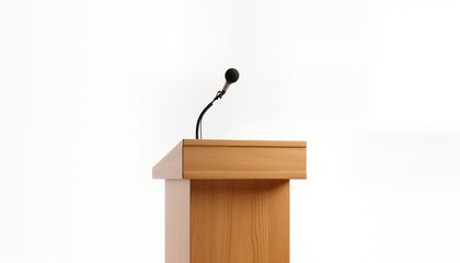 Wooden podium with microphone for presentation or speech. Simple design. Suitable for conference or seminar. Event preparation. Presentation platform. Business meeting or lecture setup. Formal event.