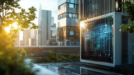 Urban Solar Panel System with Cityscape in Modern Environment