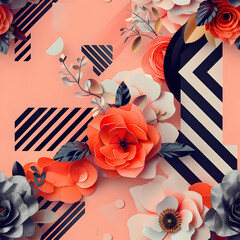 Obraz premium A vibrant floral design featuring roses and geometric patterns.