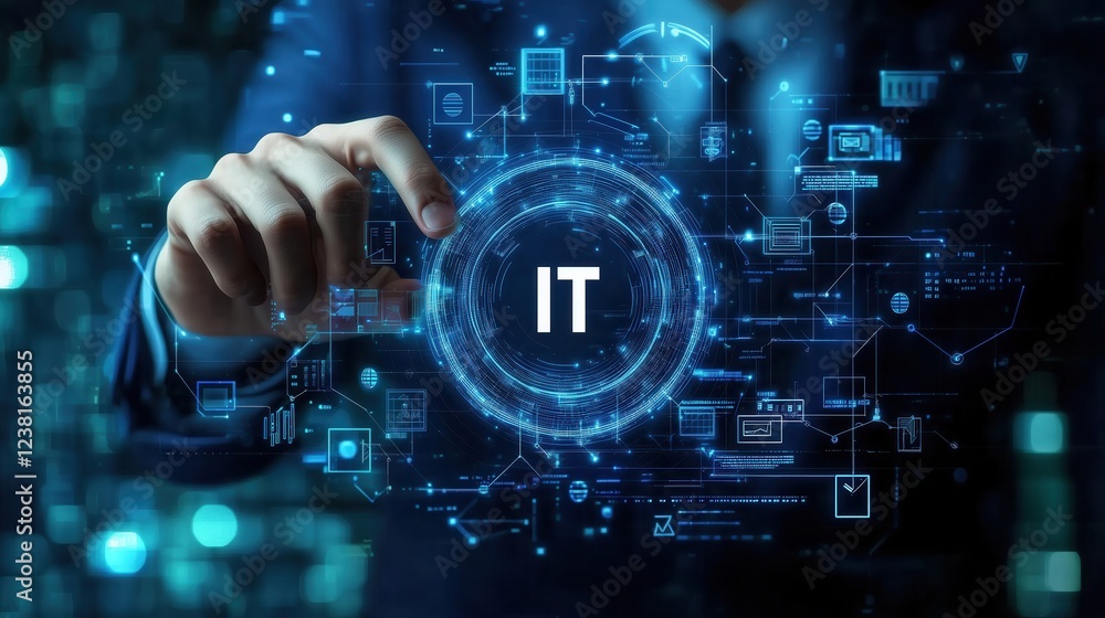 Poster business professional interacting with digital technology interface displaying it concepts and data 