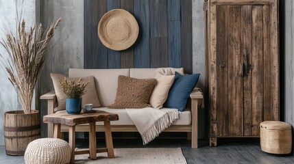 Cozy Rustic Living Room Interior with Wooden Furniture and Dried Flowers