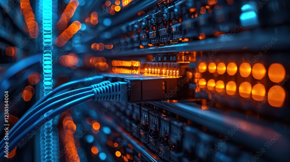 Poster abstract close-up of network cables connected to glowing server racks with illuminated lights, showc