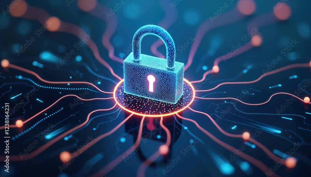 Poster digital padlock shows tech security concept. glowing padlock center of network. cyber security tech 