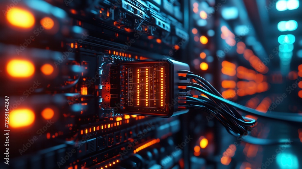 Poster close-up view of server rack with glowing led lights and data cables in a high-tech data center envi