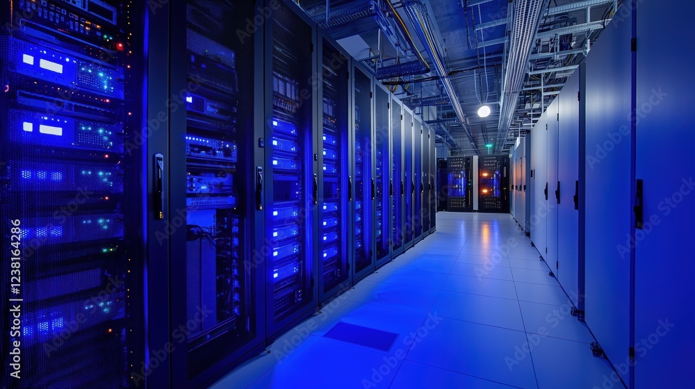 Poster high-tech data center with server racks illuminated in blue light showcasing modern networking infra