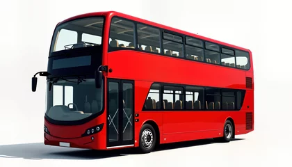Fototapete Rund Modern double-decker bus stands on white background. Public transport vehicle red, isolated. Modern design vehicle suitable for city use. Transport mode for UK England. Travel vehicle with two decks. © Vadym