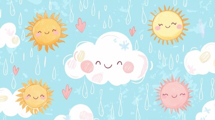 Cheerful Sun and Cloud Pattern with Raindrops and Hearts Design