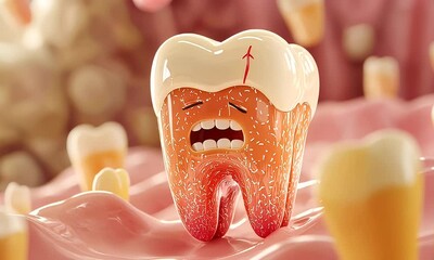 Sad cartoon tooth decay, gum disease, dental health
