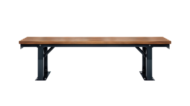 Modern empty wooden bench with metal legs on transparent background