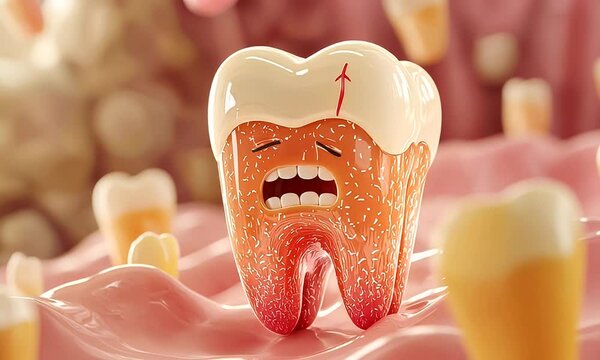 Sad cartoon tooth decay, gum disease, dental health