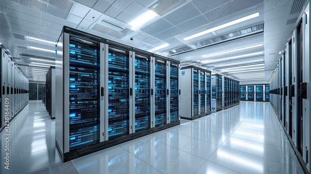 Poster futuristic data center with rows of high-tech server racks illuminated by soft blue lights in a slee
