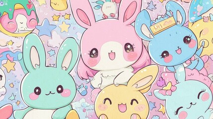 Cute and Colorful Cartoon Bunnies in a Whimsical Background