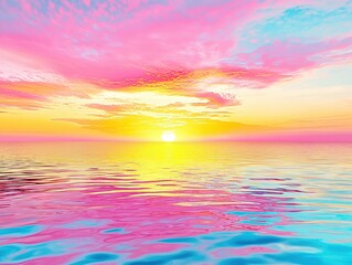 A serene seascape with a vivid gradient of pink, yellow, and blue hues reflecting on the water, illuminated by a glowing sunset under a dreamy sky