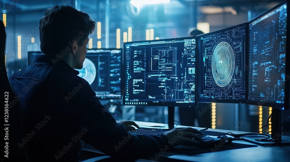 Poster focused individual analyzing data on multiple screens in a high-tech environment, surrounded by futu