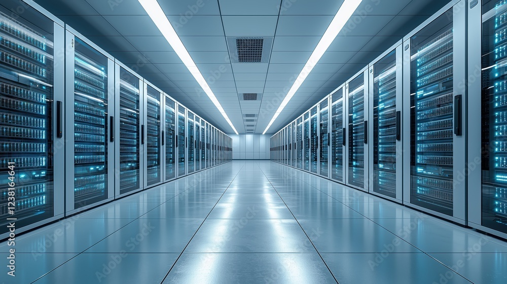 Poster modern server room with high technology data center and rows of server racks illuminated by led ligh