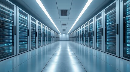 Modern Server Room with High Technology Data Center and Rows of Server Racks Illuminated by LED Lights and Reflective Floor Design