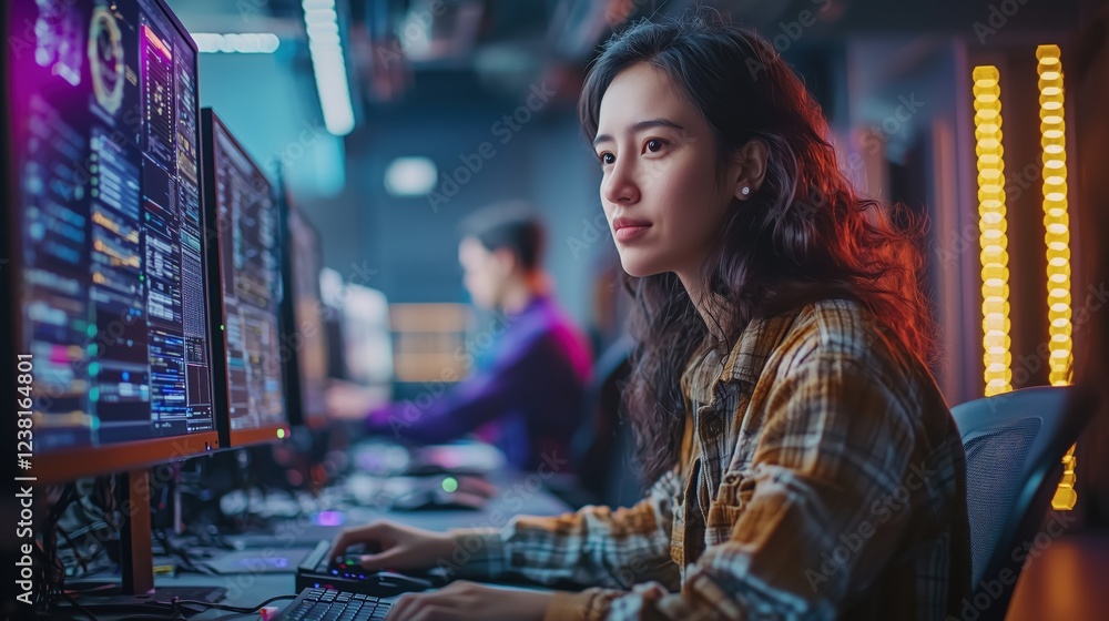 Poster young woman working concentratively at computer in modern office environment with multiple screens a