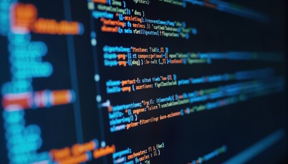 Computer screen displays complex programming code. Lines of code in different colors highlight tech work in progress. Modern tech worker at work on computer screen. Programmer focused on coding.