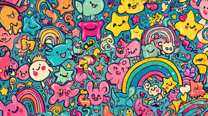 Colorful Cartoon Characters and Whimsical Patterns on Blue Background
