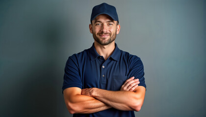 Pro male worker stands confidently with arms crossed. Wears navy blue polo shirt, hat. Backdrop plain gray. Image evokes sense of reliability, service. Could represent delivery driver, service
