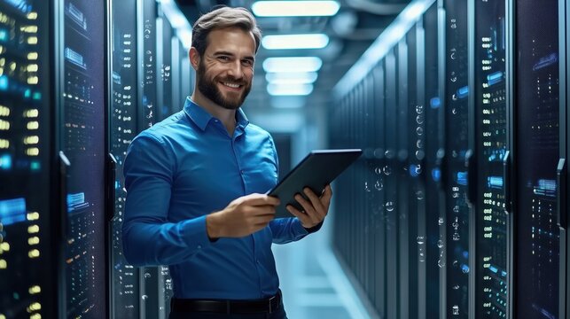 Smiling Male IT Professional Holding Tablet in Data Center Surrounded by Server Racks in Modern Technology Environment