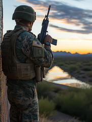 Fototapeta premium Sunset Sentinel: Border Patrol Officer on Duty.