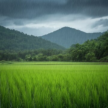 Rainy Season Rice Paddy, Lush Green Rice Field Under Heavy Rain, Nature Photography for Weather, Agriculture, and Environmental Themes