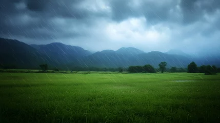 Rainy season landscape, lush green rice field under heavy rain, nature background for wallpaper, website, or poster design