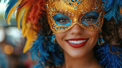 Obraz premium Brazilian woman wearing carnival mask and feathers. A joyful woman wearing a mask and feathers poses at a festival in Brazil.