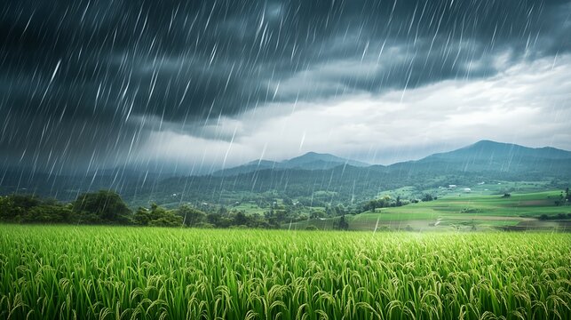 Rainy Season Landscape,Green Rice Paddy Field Under Heavy Rain,Nature Photography for Weather, Agriculture, and Environmental Themes