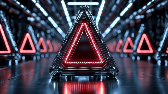 Futuristic triangular structures with glowing red lights in a high-tech environment.