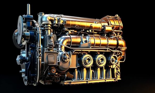 Detailed Chrome Engine On Dark Background