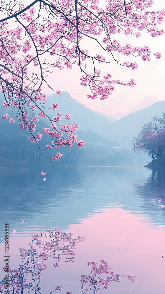 Wall mural tranquil pink cherry blossom reflection on calm water surrounded by misty mountains