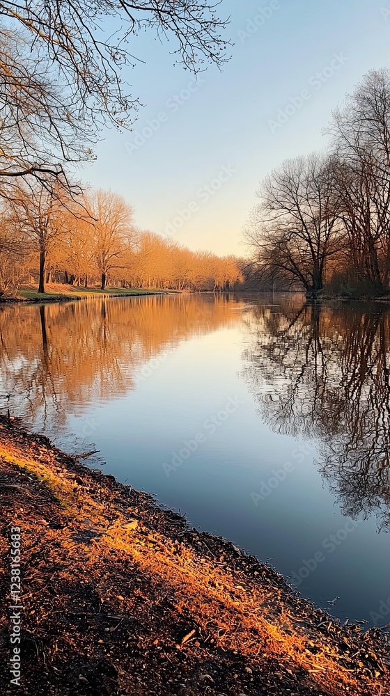 Wall mural serene sunset over calm lake surrounded by trees and reflections in tranquil atmosphere