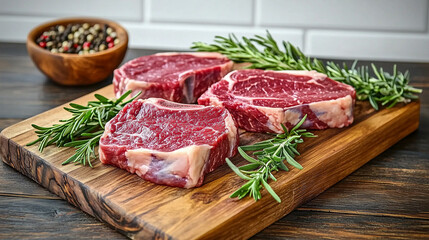 Prime beef cuts steak on a dark wooden cutting board on a dark wooden background with fresh rosemary and black peppercorns, close-up