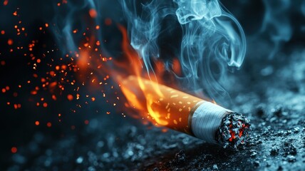 Realistic burning cigarette with glowing orange ash urban setting digital art nighttime close-up smoke effects