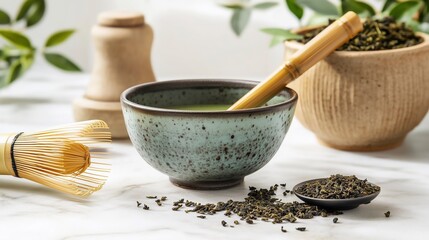 Matcha tea ceremony tools and loose tea leaves in a bowl